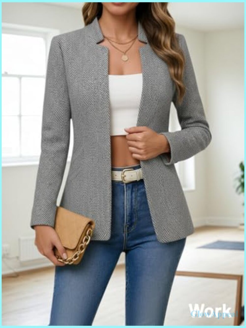 Women's Herringbone Tweed Blazer Jacket Slim Fit Notch Collar Work Casual - Picture 4 of 7